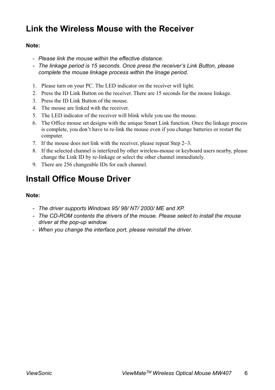 Link the wireless mouse with the receiver, Press the id link button of the mouse, The mouse are linked with the receiver | There are 256 changeable ids for each channel, Install office mouse driver | VIEWSONIC MW407 User Manual | Page 7 / 13