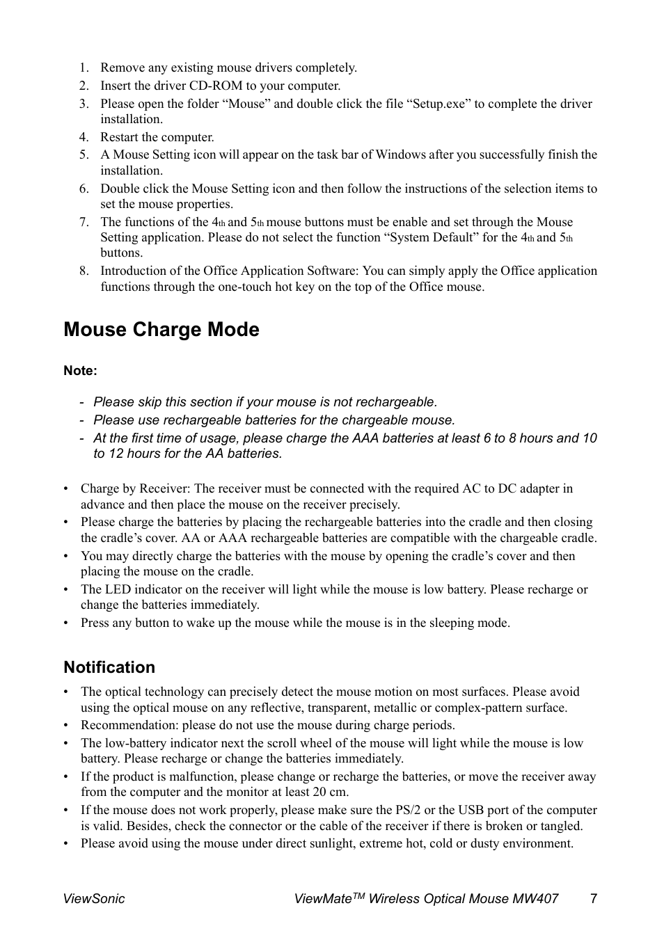 Remove any existing mouse drivers completely, Insert the driver cd-rom to your computer, Restart the computer | Mouse charge mode, Notification | VIEWSONIC MW407 User Manual | Page 8 / 13