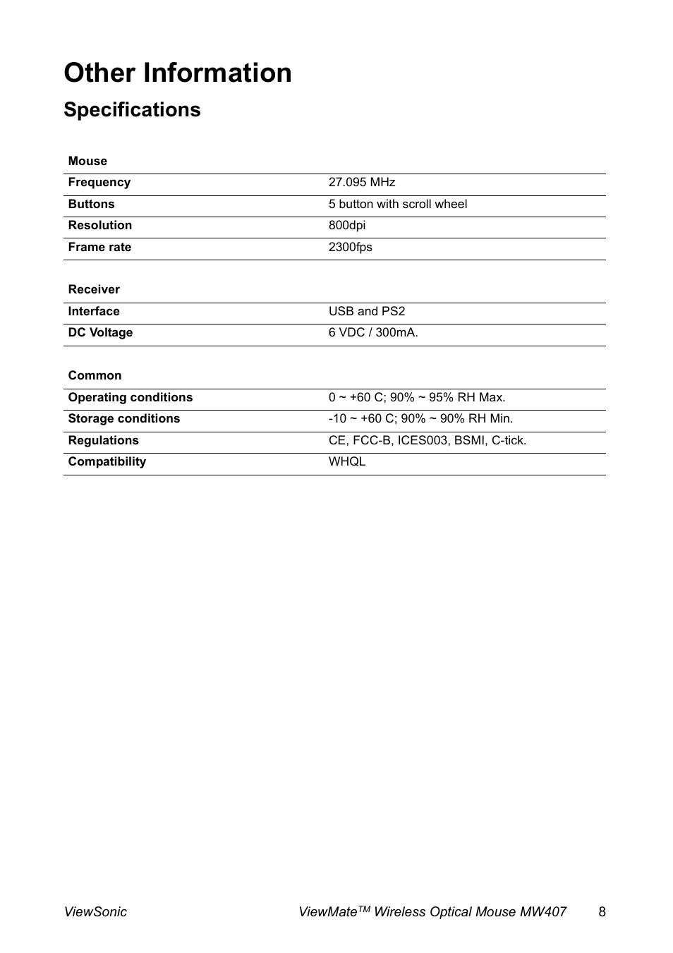 Other information, Specifications | VIEWSONIC MW407 User Manual | Page 9 / 13