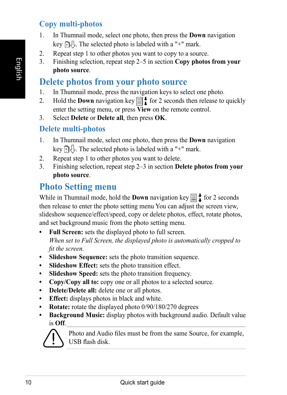 Delete photos from your photo source, Photo setting menu, Copy multi-photos | Delete multi-photos | VIEWSONIC VS12075 User Manual | Page 10 / 17