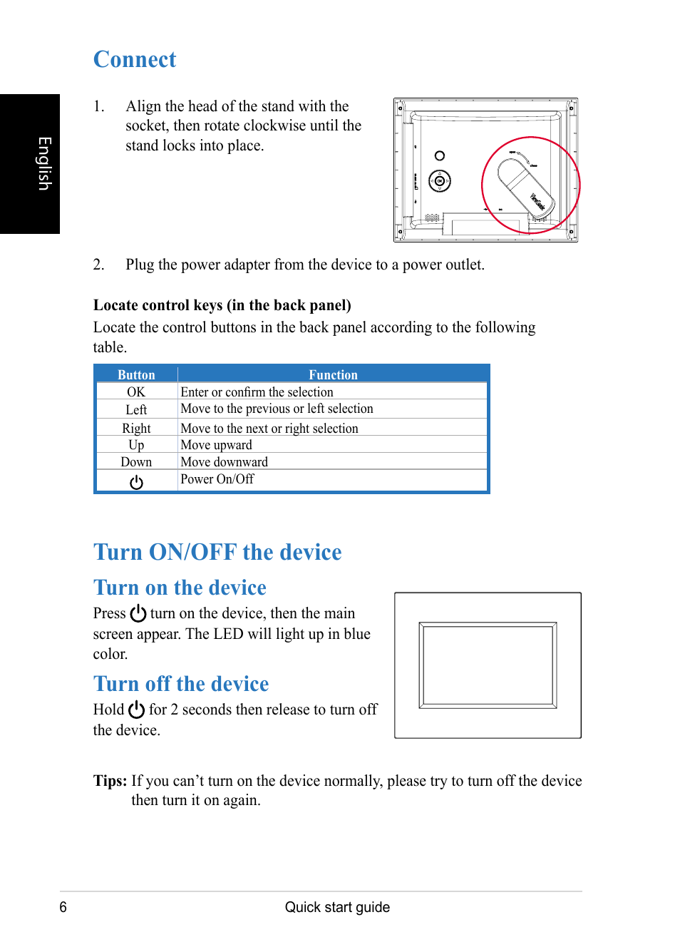 Connect, Turn on/off the device, Turn on the device | Turn off the device | VIEWSONIC VS12075 User Manual | Page 6 / 17