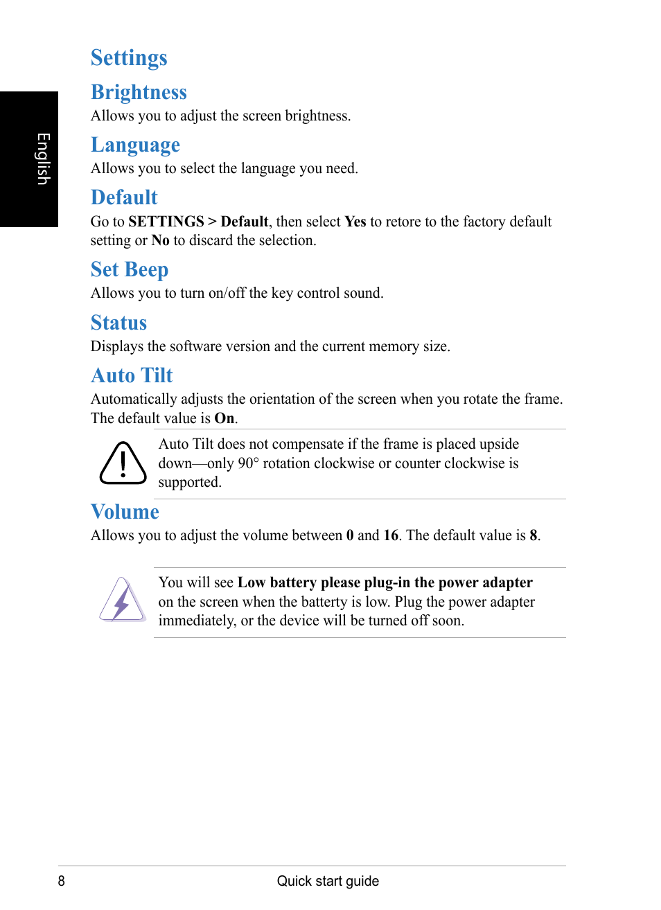 Settings, Brightness, Language | Default, Set beep, Status, Auto tilt, Volume | VIEWSONIC VS12075 User Manual | Page 8 / 17