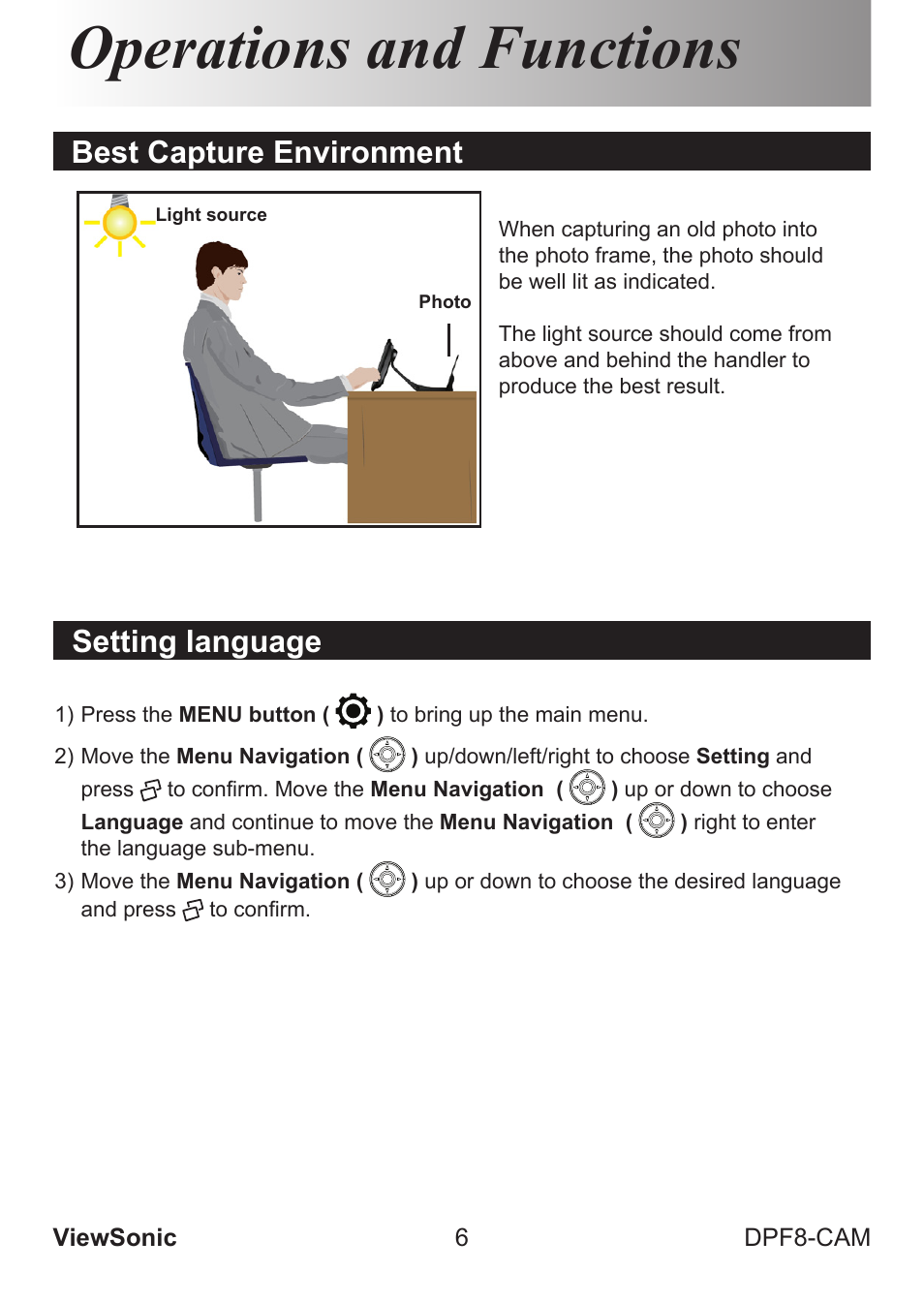 Operations and functions, Best capture environment, Setting language | VIEWSONIC VS13784 User Manual | Page 11 / 26
