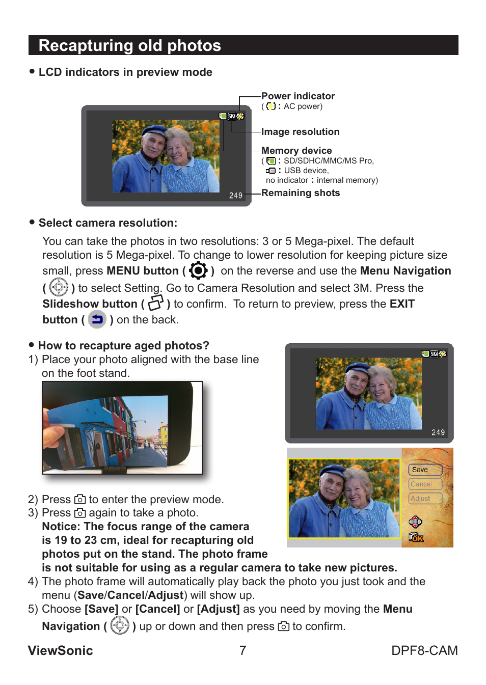 Recapturing old photos, Viewsonic 7 dpf8-cam | VIEWSONIC VS13784 User Manual | Page 12 / 26