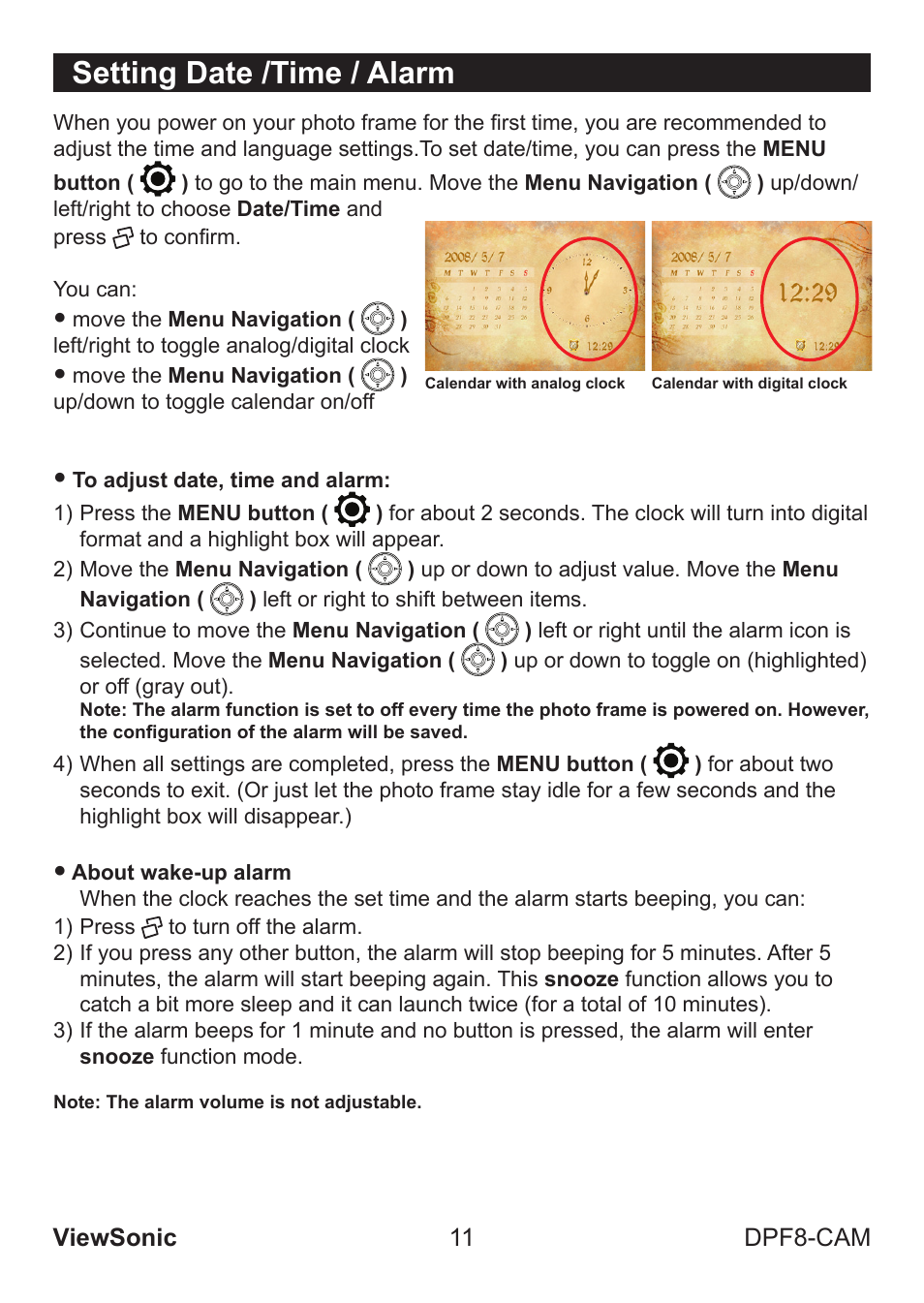 Setting date /time / alarm | VIEWSONIC VS13784 User Manual | Page 16 / 26