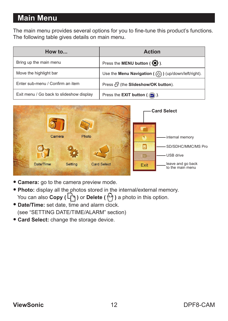 Main menu, Viewsonic 12 dpf8-cam | VIEWSONIC VS13784 User Manual | Page 17 / 26