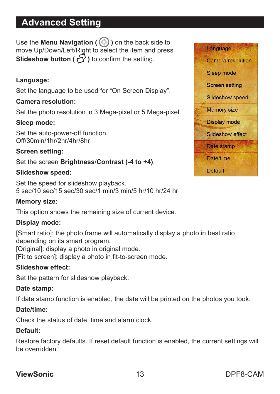 Advanced setting | VIEWSONIC VS13784 User Manual | Page 18 / 26