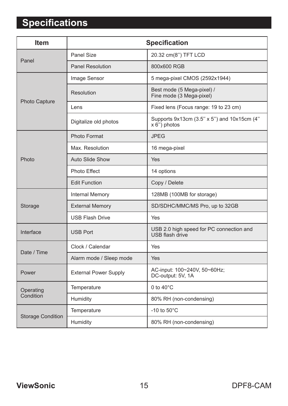 Specifications, Viewsonic 15 dpf8-cam, Item specification | VIEWSONIC VS13784 User Manual | Page 20 / 26