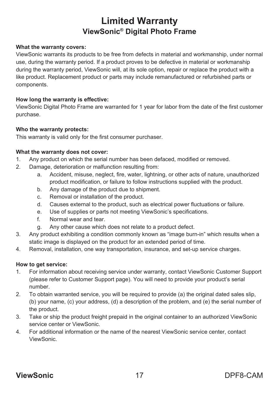 Limited warranty, Viewsonic 17 dpf8-cam, Viewsonic | Digital photo frame | VIEWSONIC VS13784 User Manual | Page 22 / 26