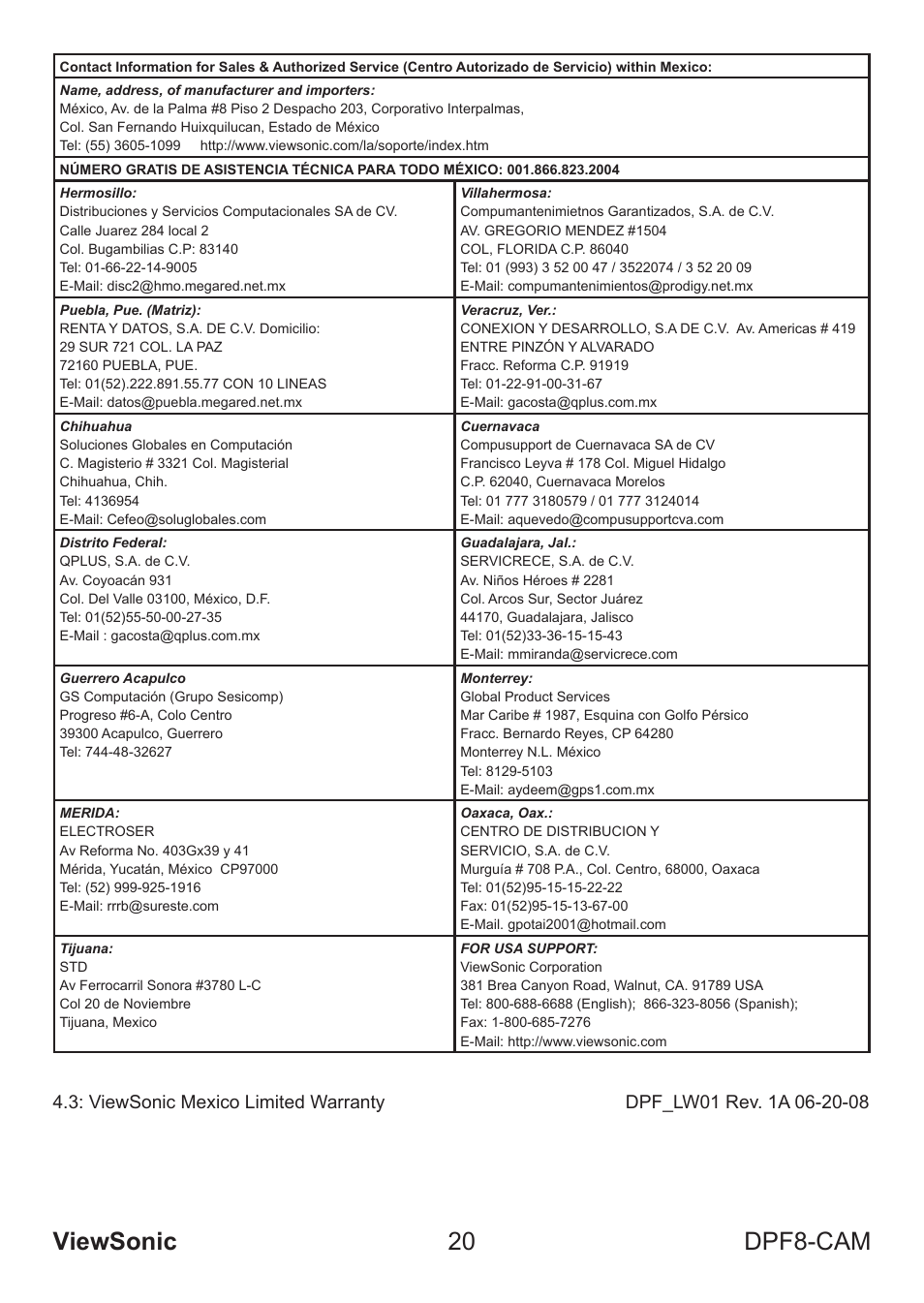 Viewsonic 20 dpf8-cam | VIEWSONIC VS13784 User Manual | Page 25 / 26