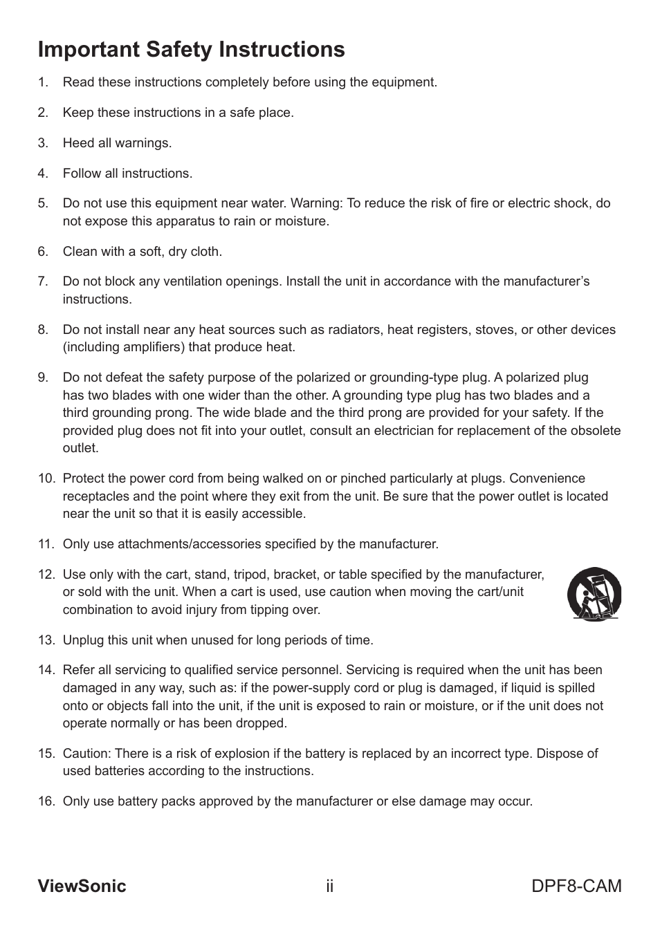 Important safety instructions, Viewsonic ii dpf8-cam | VIEWSONIC VS13784 User Manual | Page 3 / 26