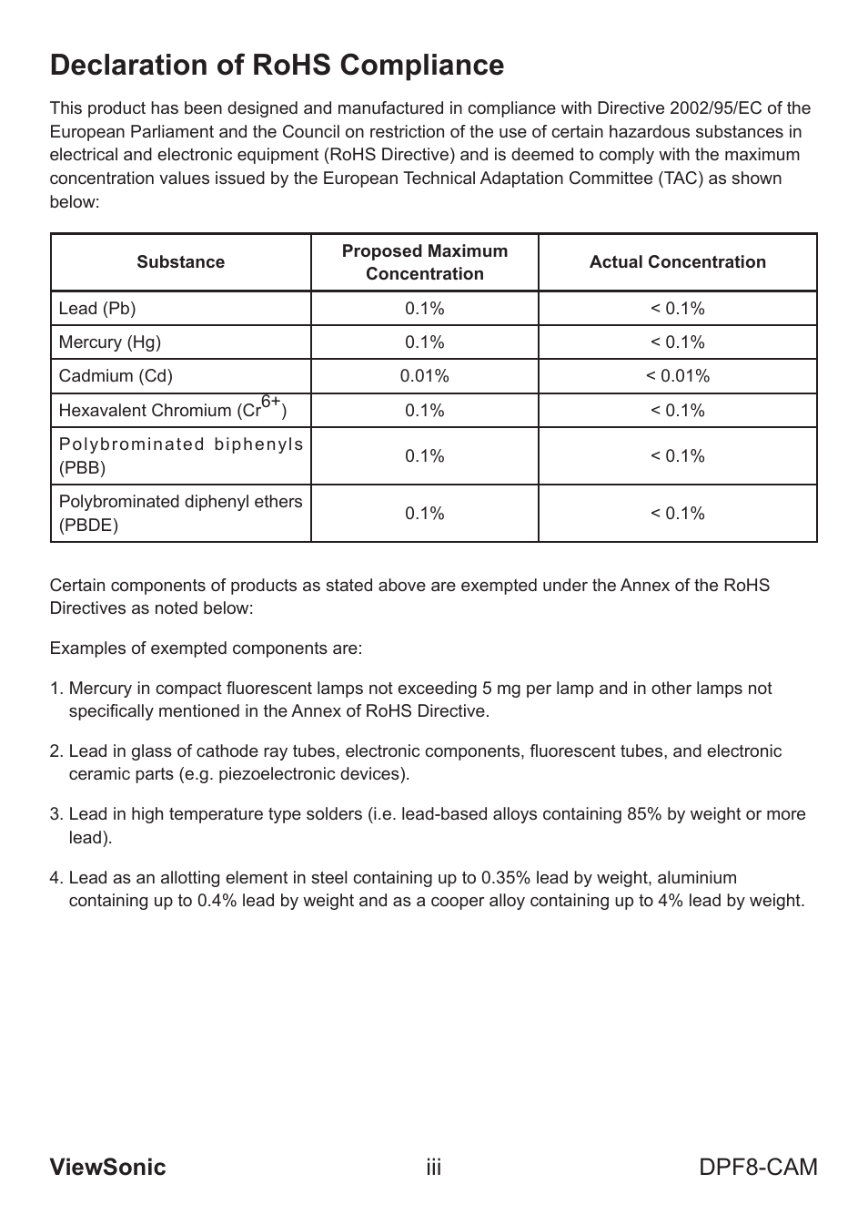 Declaration of rohs compliance, Viewsonic iii dpf8-cam | VIEWSONIC VS13784 User Manual | Page 4 / 26