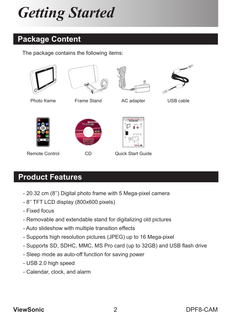 Getting started, Package content product features | VIEWSONIC VS13784 User Manual | Page 7 / 26