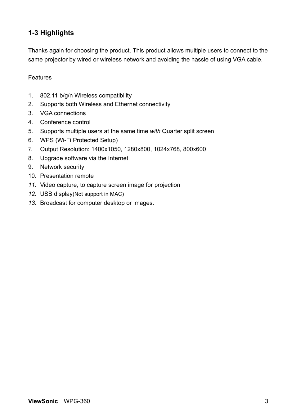 VIEWSONIC WPG-360 User Manual | Page 10 / 54