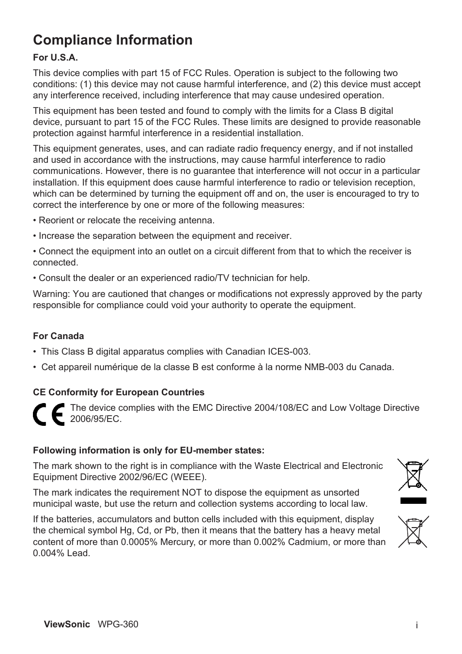 Compliance information | VIEWSONIC WPG-360 User Manual | Page 2 / 54