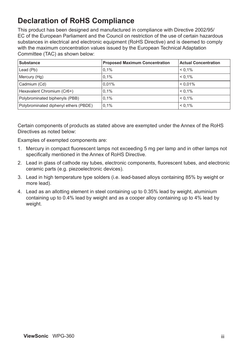 Declaration of rohs compliance | VIEWSONIC WPG-360 User Manual | Page 4 / 54