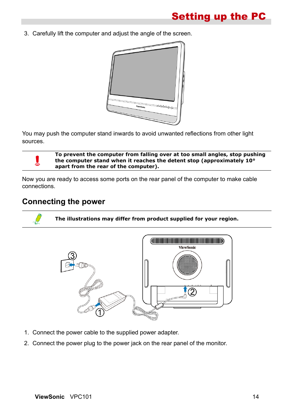 Connecting the power, Setting up the pc | VIEWSONIC VS12602 User Manual | Page 21 / 64