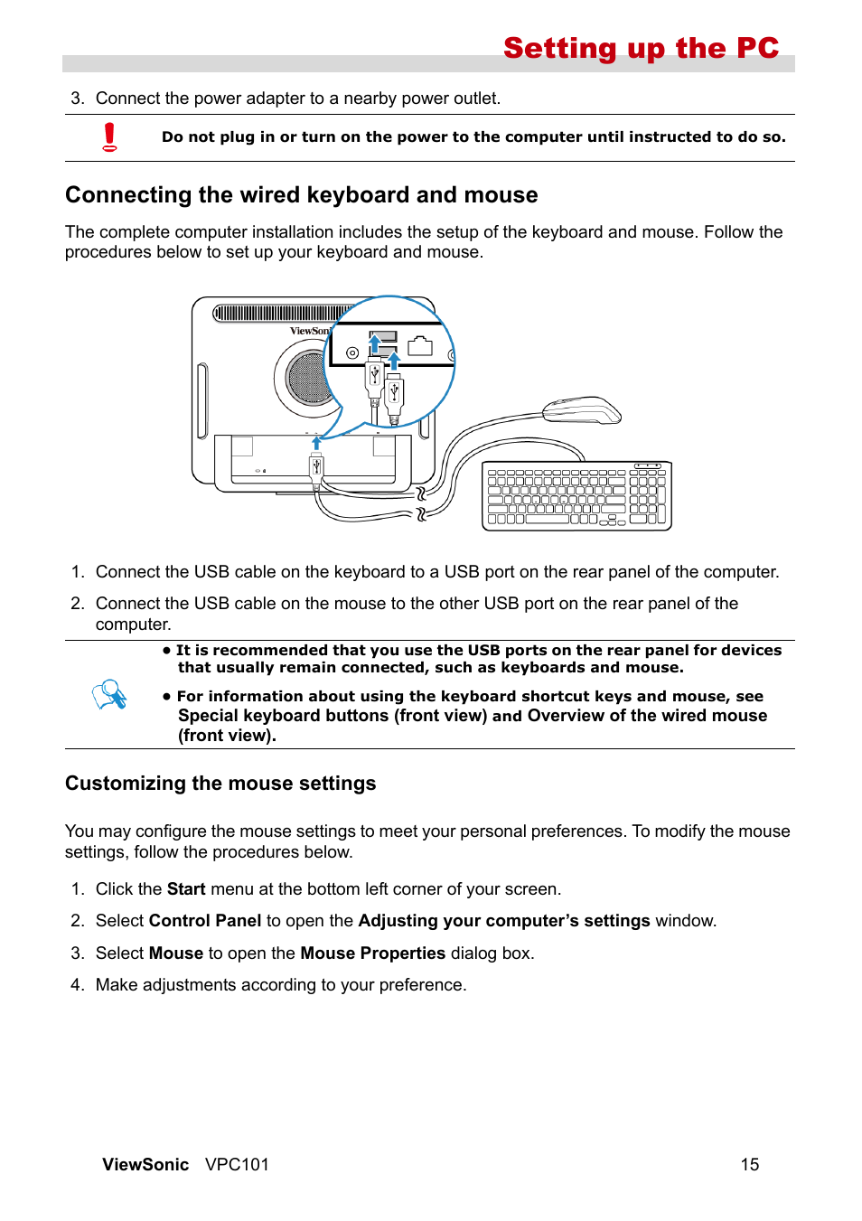 Customizing the mouse settings, Setting up the pc, Connecting the wired keyboard and mouse | VIEWSONIC VS12602 User Manual | Page 22 / 64
