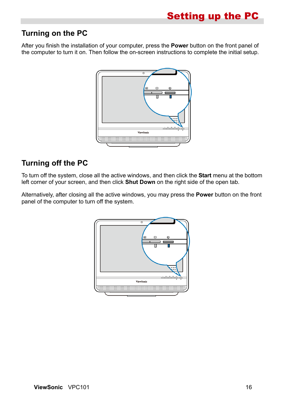 Turning on the pc, Turning off the pc, Setting up the pc | VIEWSONIC VS12602 User Manual | Page 23 / 64