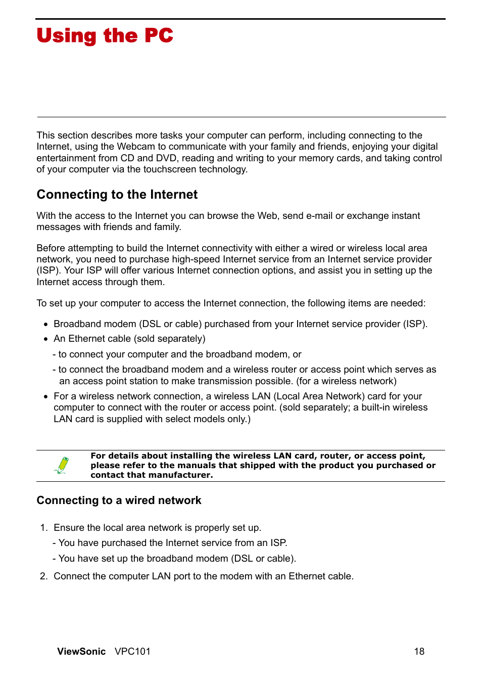 Using the pc, Connecting to the internet, Connecting to a wired network | VIEWSONIC VS12602 User Manual | Page 25 / 64
