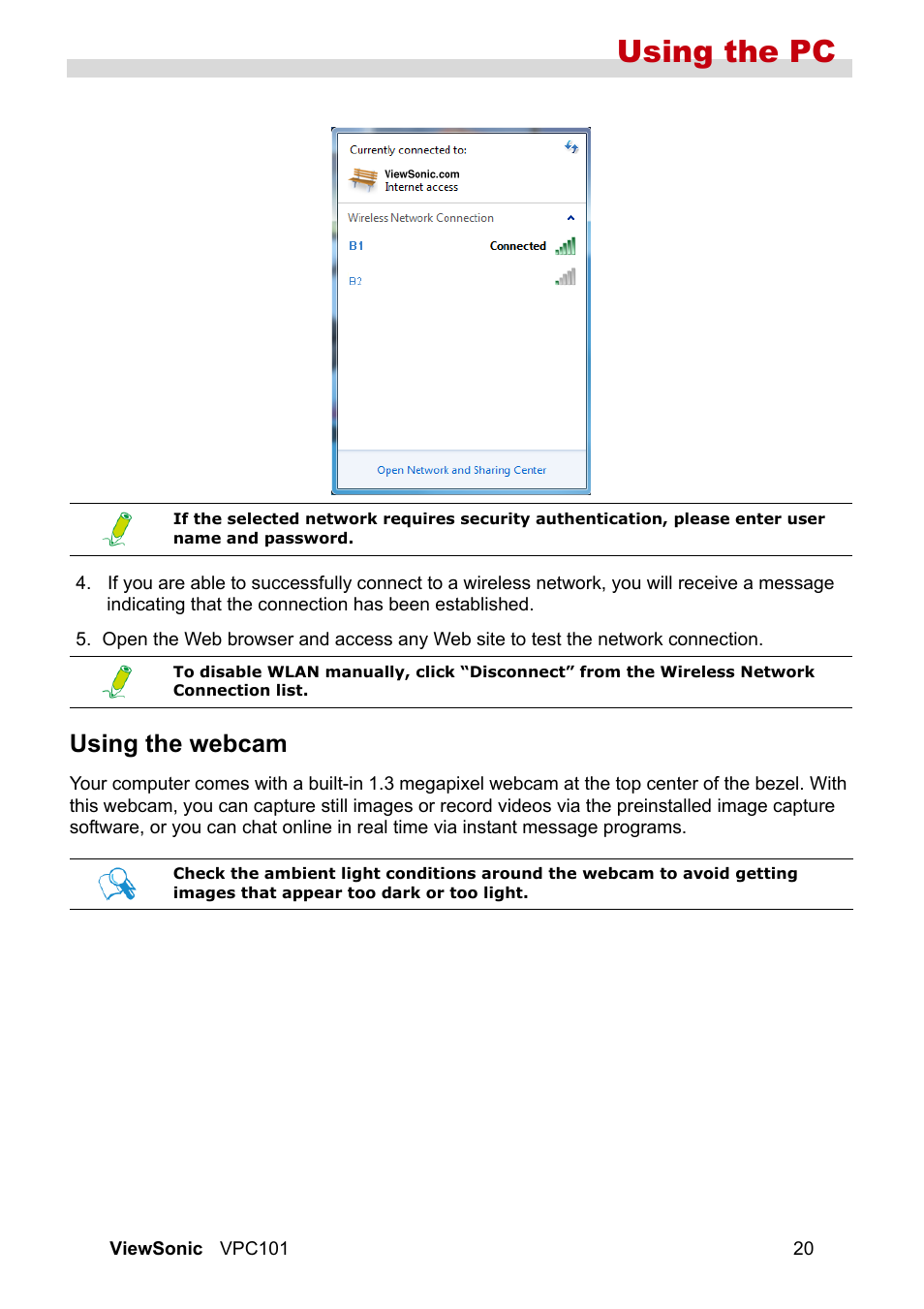 Using the webcam, Using the pc | VIEWSONIC VS12602 User Manual | Page 27 / 64