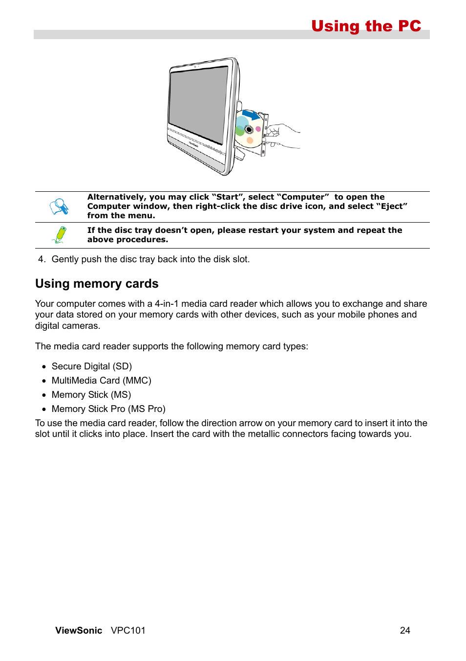 Using memory cards, Using the pc | VIEWSONIC VS12602 User Manual | Page 31 / 64