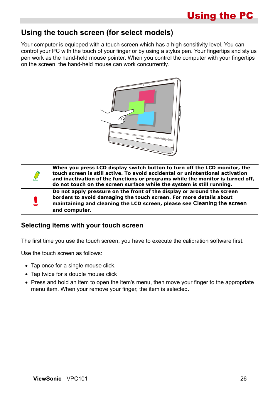 Using the touch screen (for select models), Selecting items with your touch screen, Using the pc | VIEWSONIC VS12602 User Manual | Page 33 / 64