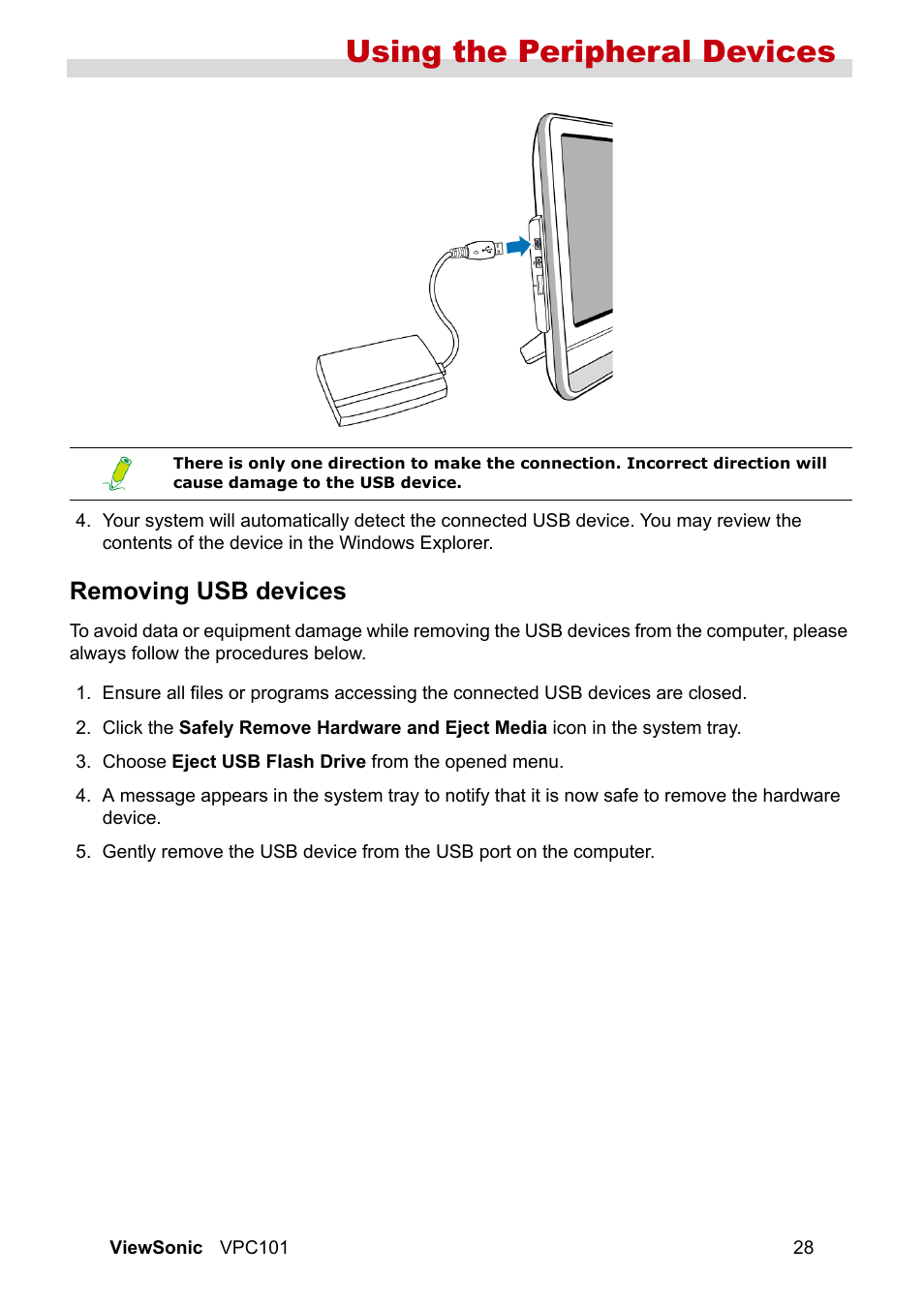 Removing usb devices, Using the peripheral devices | VIEWSONIC VS12602 User Manual | Page 35 / 64