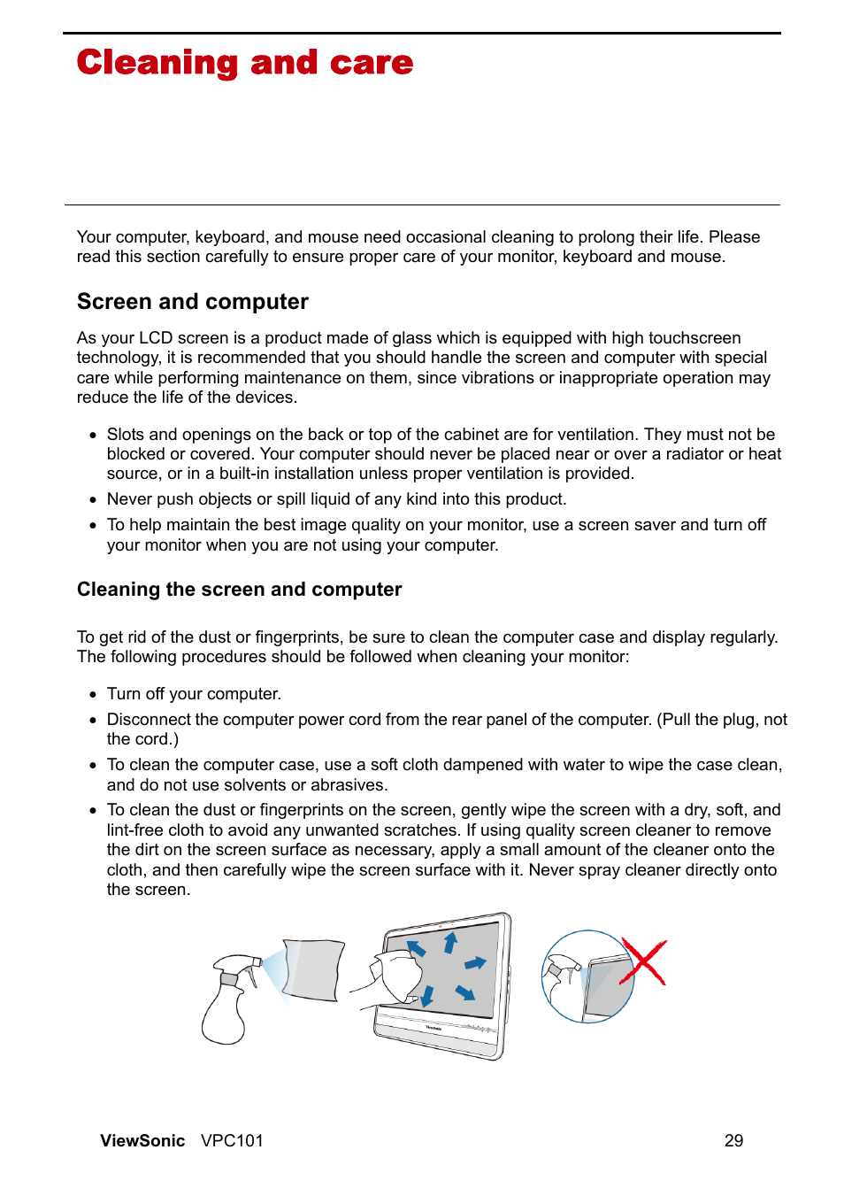 Cleaning and care, Screen and computer, Cleaning the screen and computer | VIEWSONIC VS12602 User Manual | Page 36 / 64