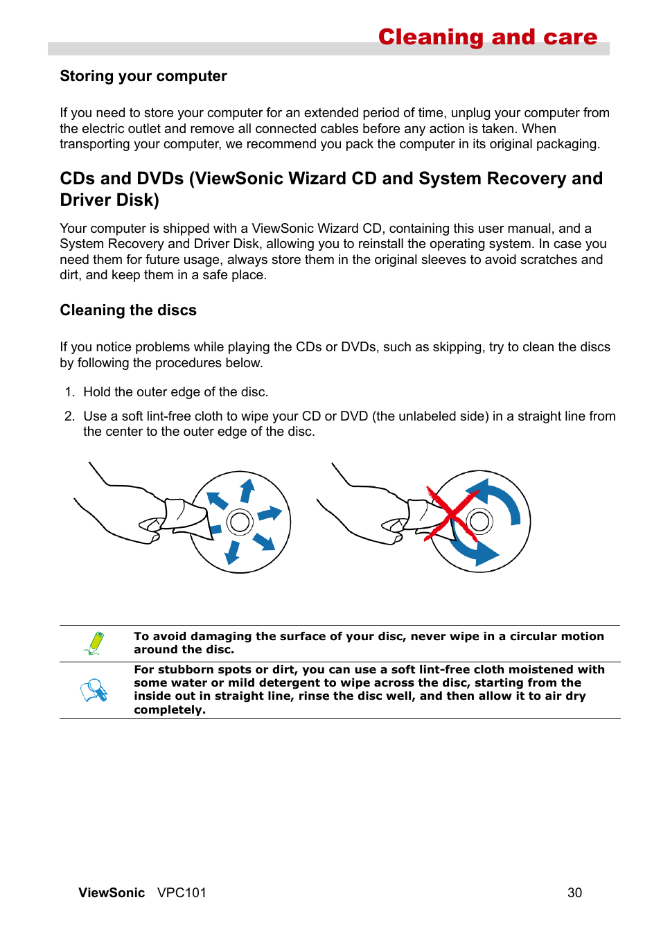 Storing your computer, Cleaning the discs, Cleaning and care | VIEWSONIC VS12602 User Manual | Page 37 / 64