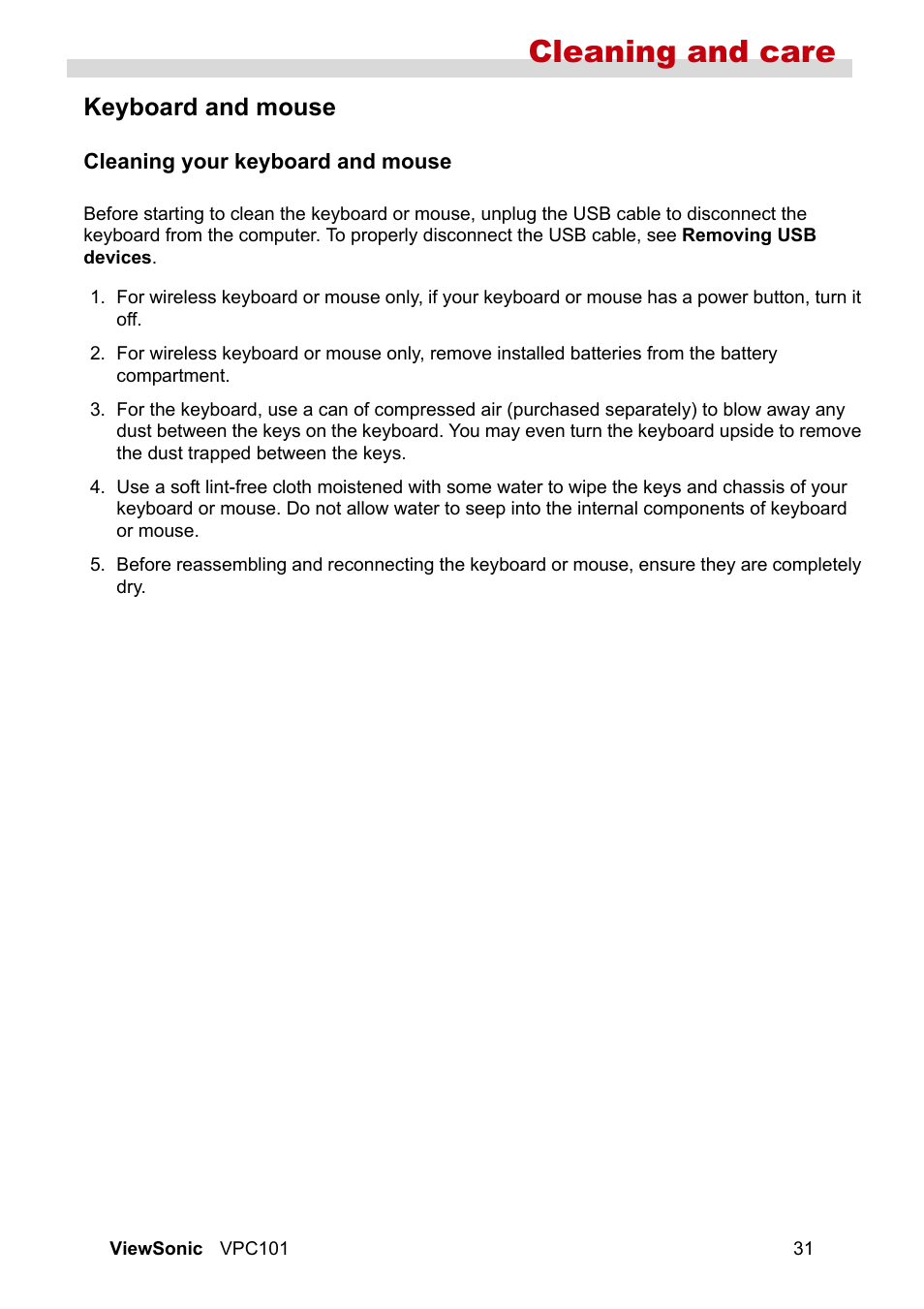Keyboard and mouse, Cleaning your keyboard and mouse, Cleaning and care | VIEWSONIC VS12602 User Manual | Page 38 / 64