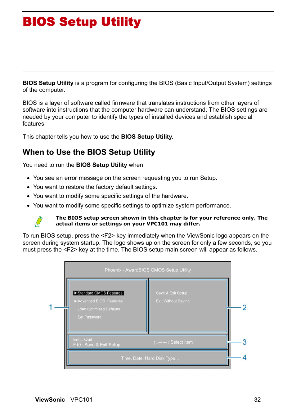 Bios setup utility, When to use the bios setup utility | VIEWSONIC VS12602 User Manual | Page 39 / 64