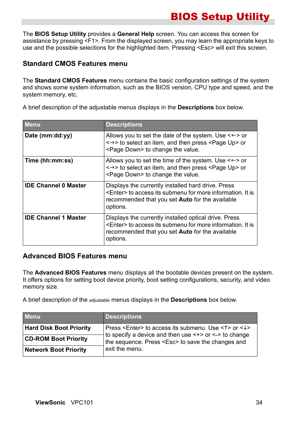 Standard cmos features menu, Advanced bios features menu, Bios setup utility | VIEWSONIC VS12602 User Manual | Page 41 / 64