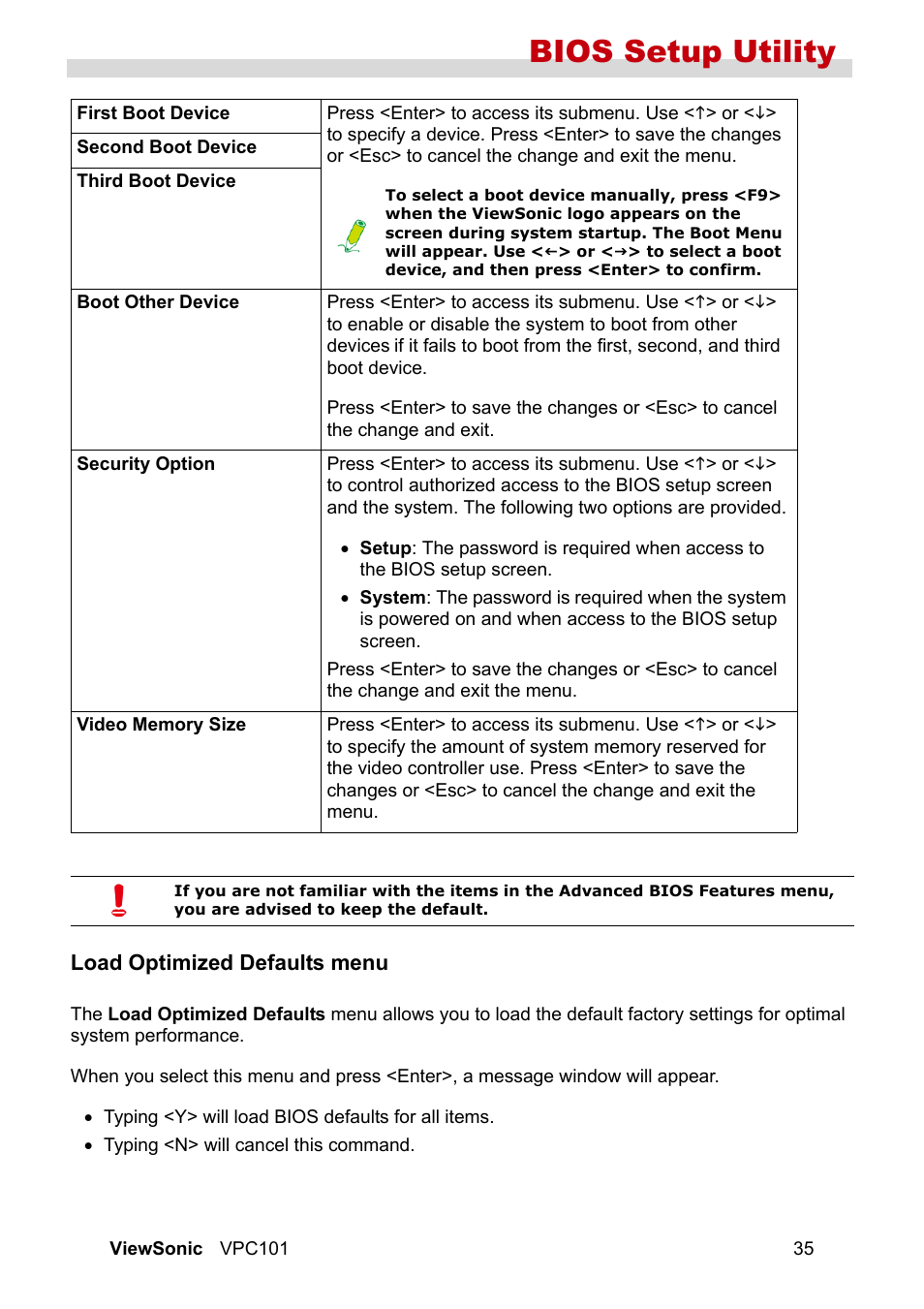 Load optimized defaults menu, Bios setup utility | VIEWSONIC VS12602 User Manual | Page 42 / 64