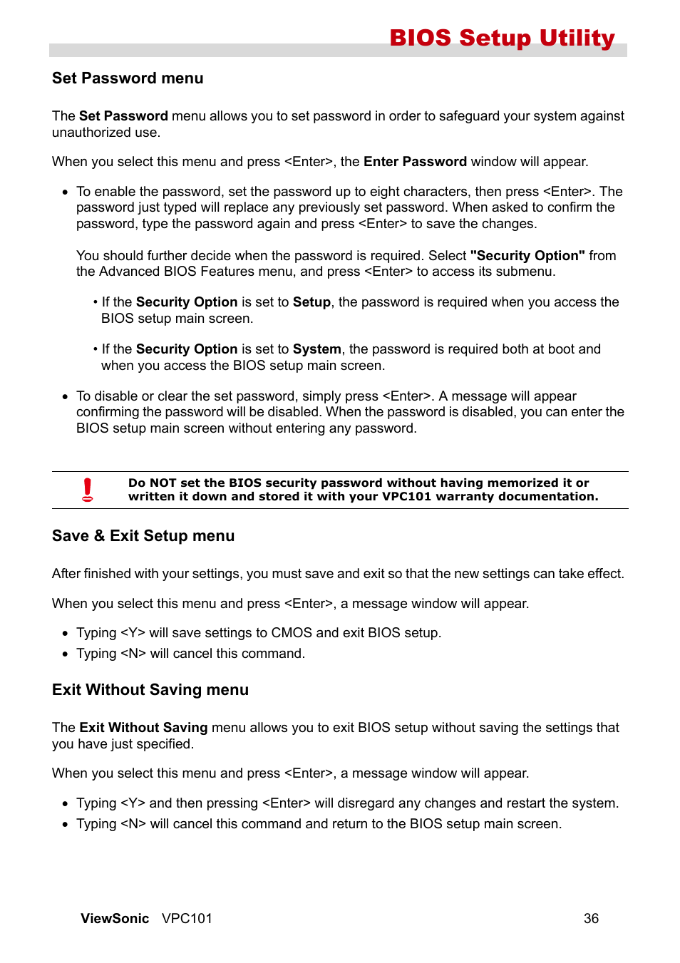 Set password menu, Save & exit setup menu, Exit without saving menu | Bios setup utility | VIEWSONIC VS12602 User Manual | Page 43 / 64