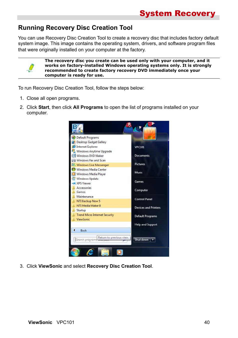 Running recovery disc creation tool, System recovery | VIEWSONIC VS12602 User Manual | Page 47 / 64