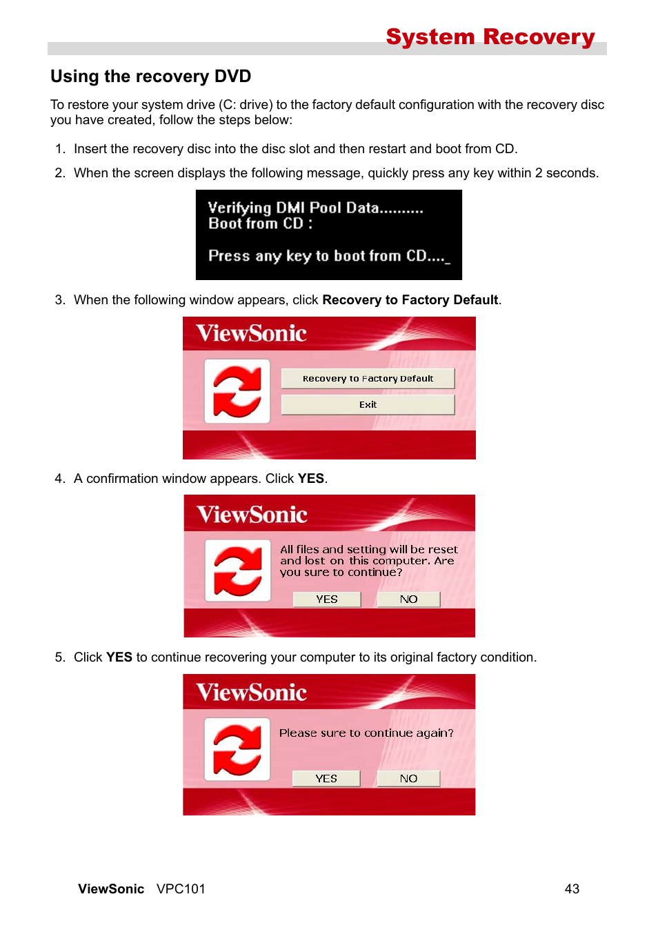 Using the recovery dvd, System recovery | VIEWSONIC VS12602 User Manual | Page 50 / 64