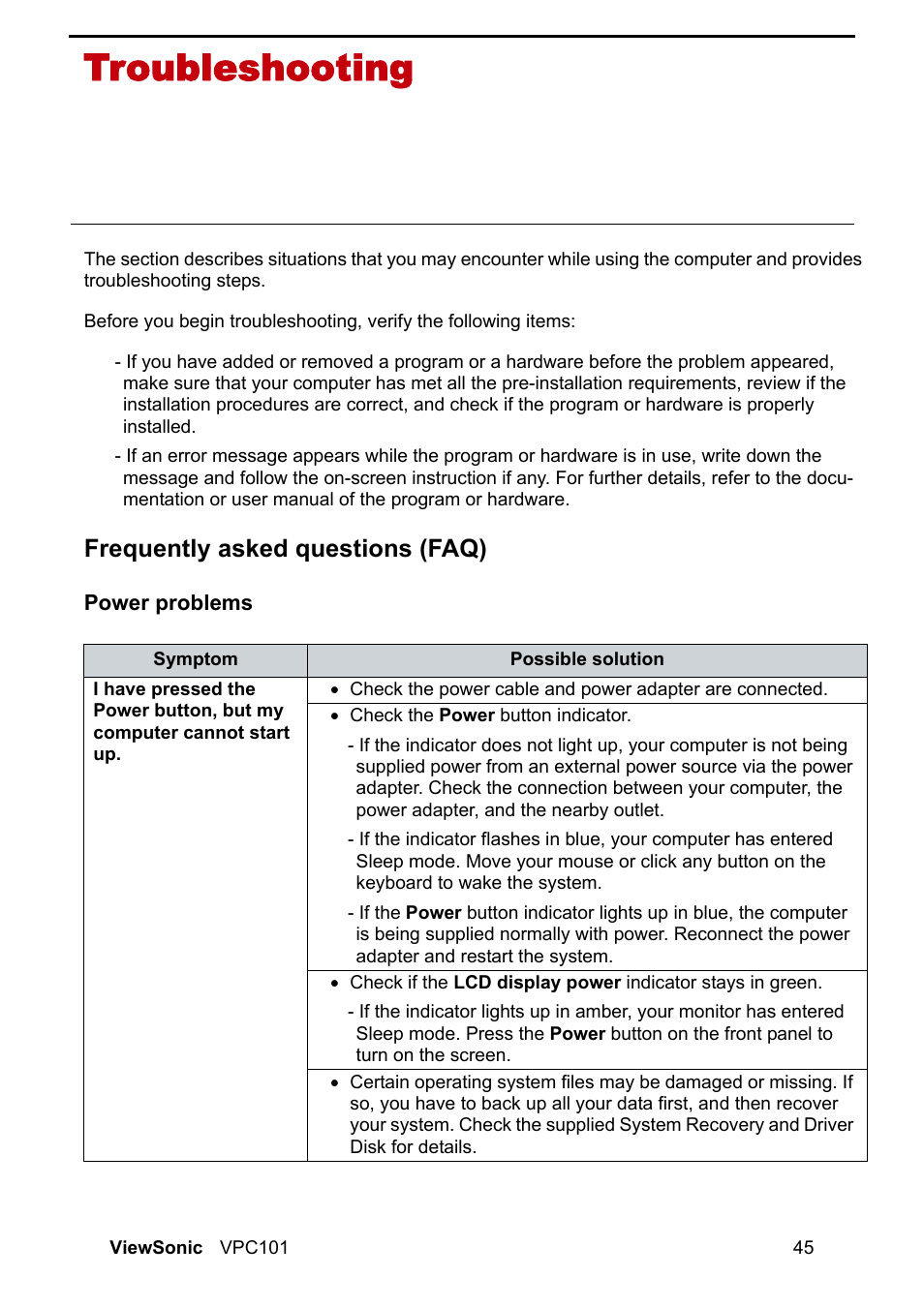 Troubleshooting, Frequently asked questions (faq), Power problems | VIEWSONIC VS12602 User Manual | Page 52 / 64