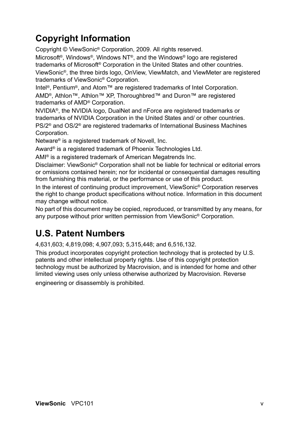 Copyright information, U.s. patent numbers | VIEWSONIC VS12602 User Manual | Page 6 / 64