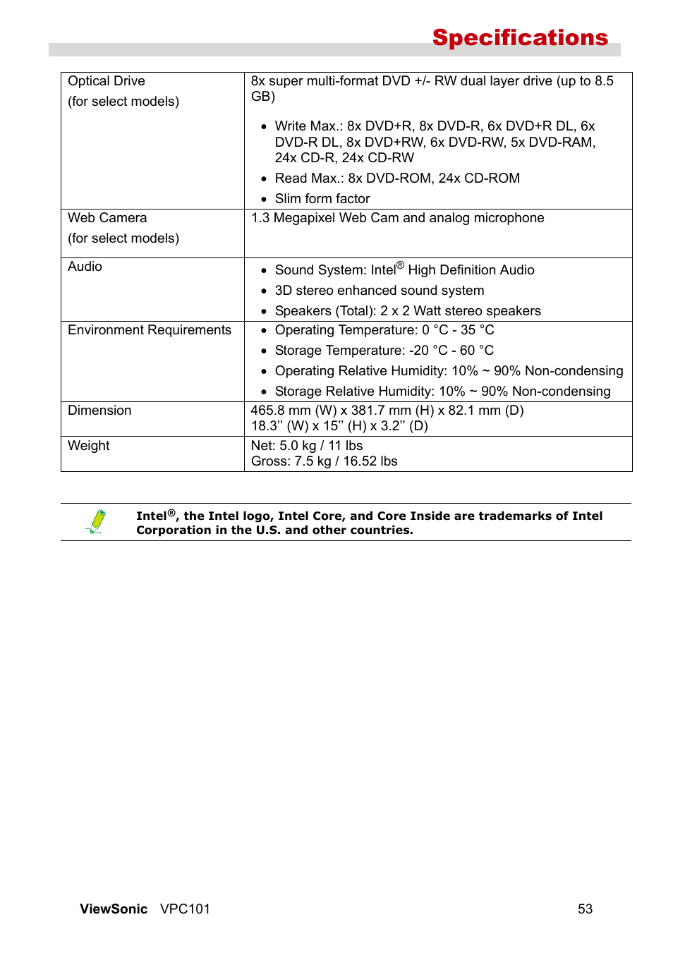 Specifications | VIEWSONIC VS12602 User Manual | Page 60 / 64