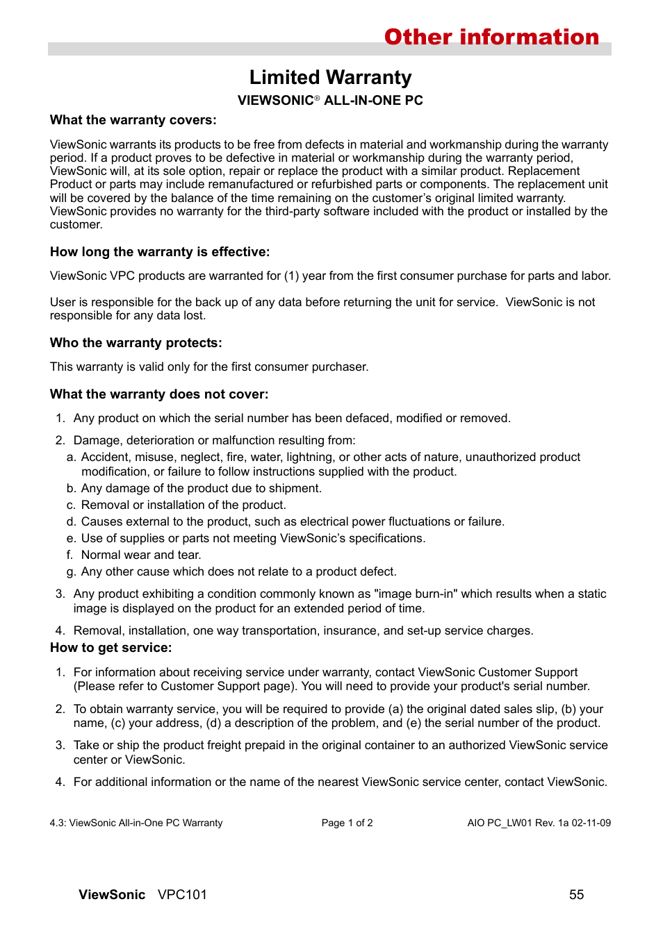 Limited warranty, Other information | VIEWSONIC VS12602 User Manual | Page 62 / 64