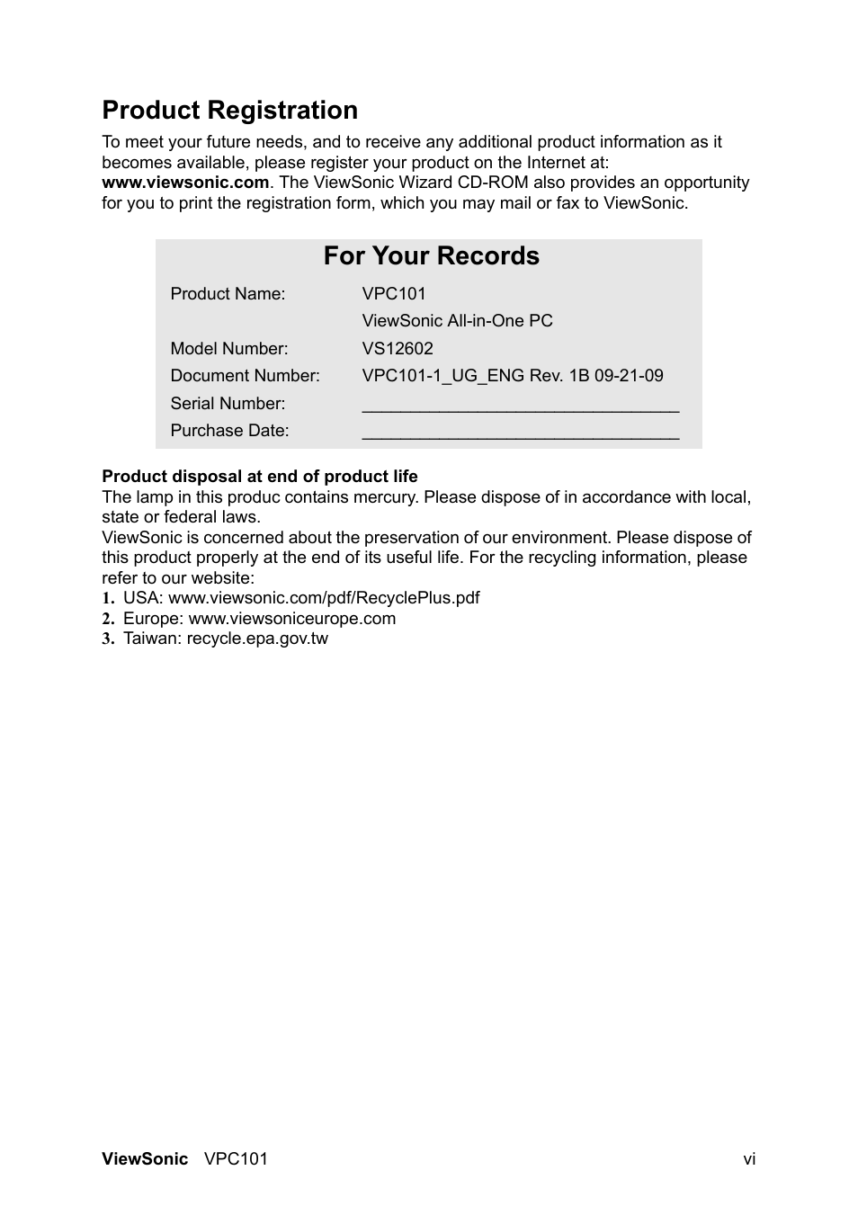 Product registration, For your records | VIEWSONIC VS12602 User Manual | Page 7 / 64