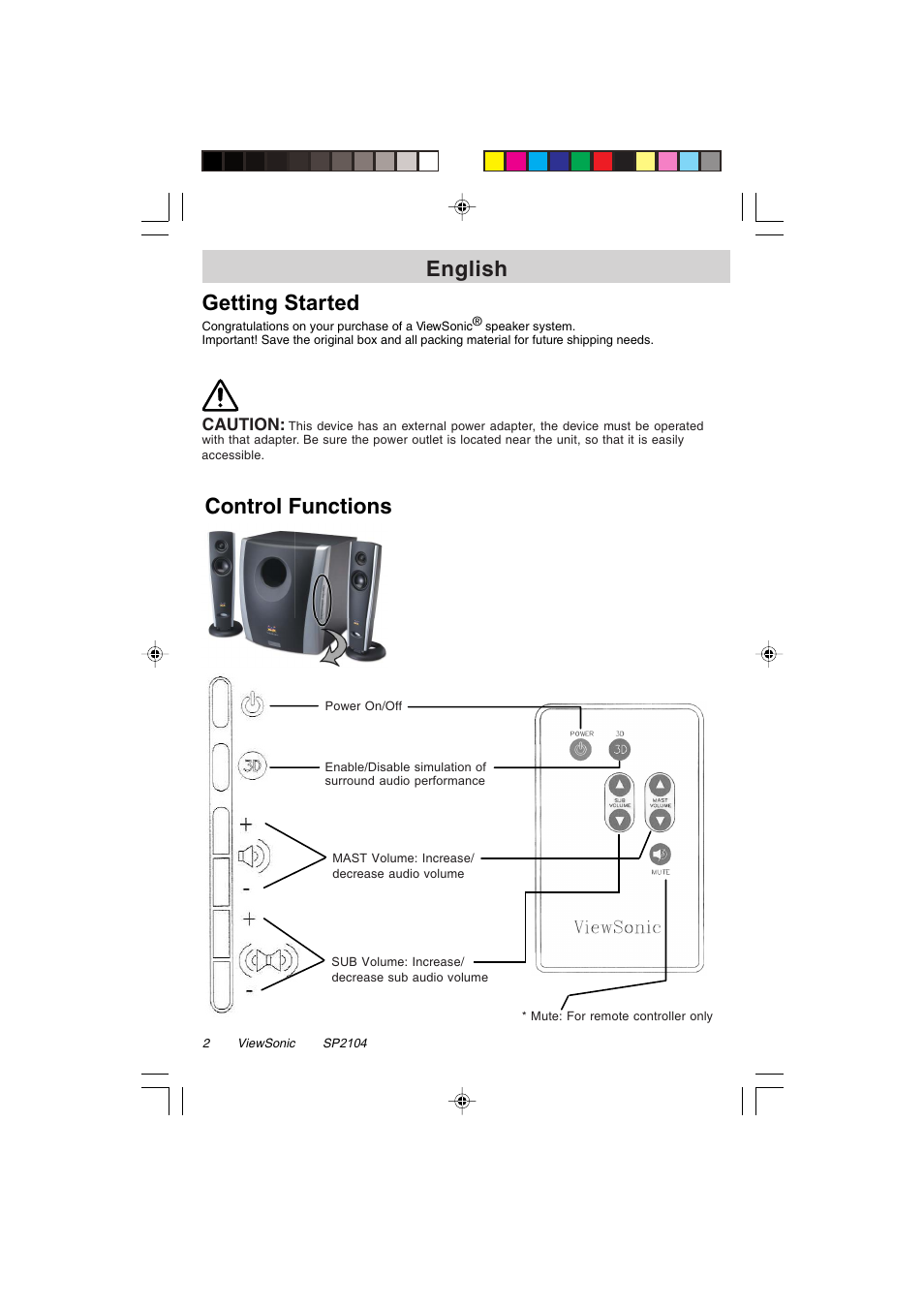 English, Getting started, Control functions | VIEWSONIC VSACC27952-1 User Manual | Page 2 / 7