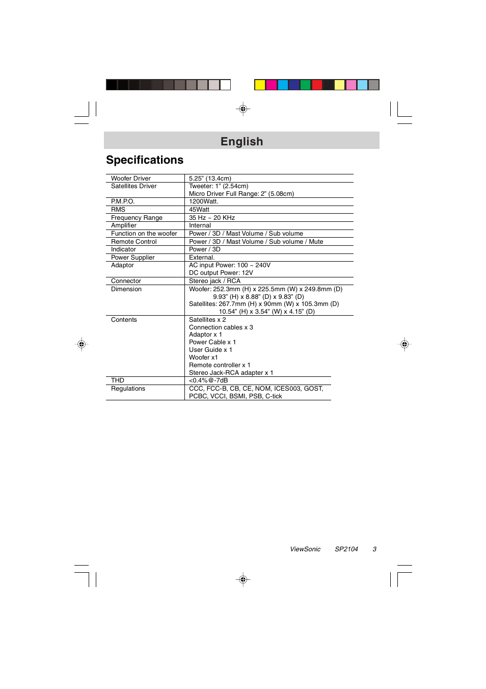 English specifications | VIEWSONIC VSACC27952-1 User Manual | Page 3 / 7