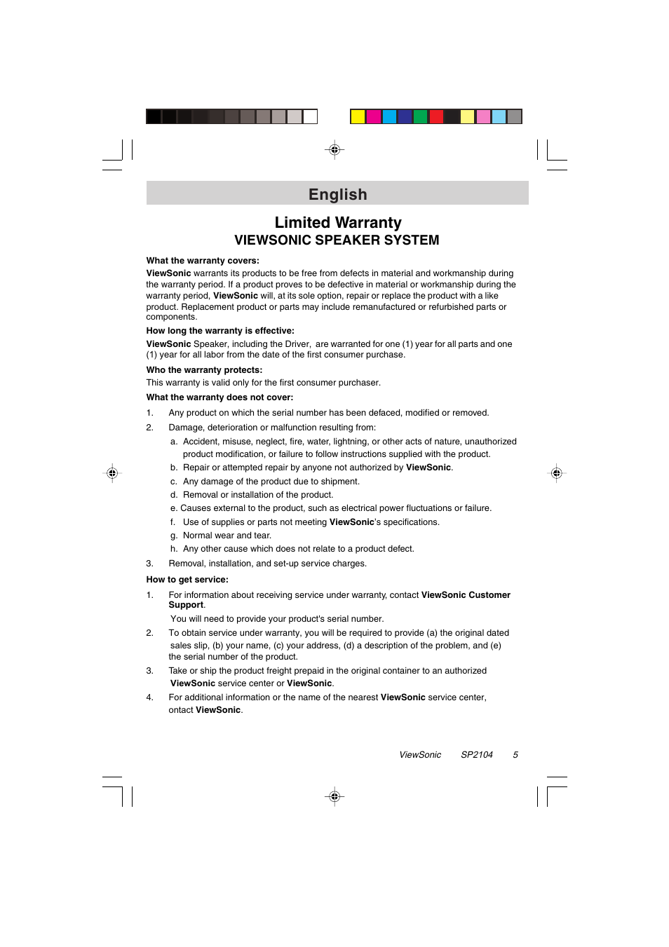 English limited warranty, Viewsonic speaker system | VIEWSONIC VSACC27952-1 User Manual | Page 5 / 7