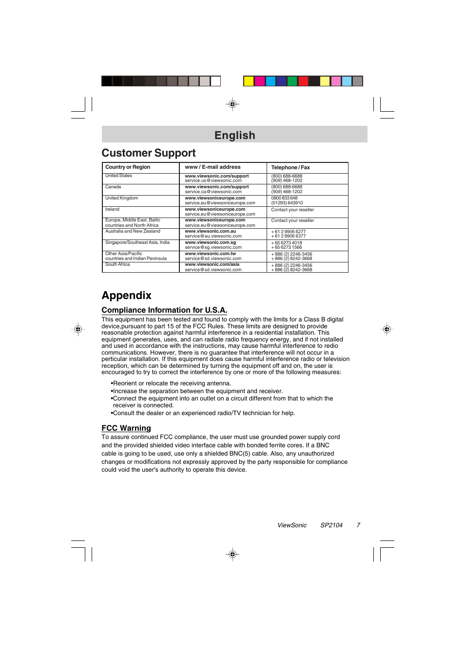 English, Customer support, Appendix | Fcc warning, Compliance information for u.s.a | VIEWSONIC VSACC27952-1 User Manual | Page 7 / 7