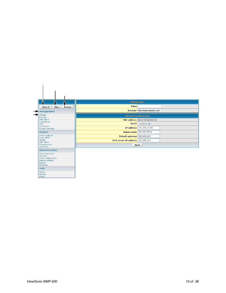 Management, Startup urls/network configuration | VIEWSONIC Network Media Player NMP-500 User Manual | Page 14 / 43