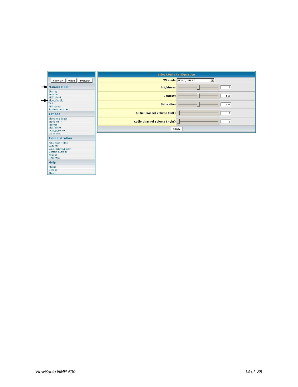 Video/audio configuration, Ideo, Udio | Onfiguration | VIEWSONIC Network Media Player NMP-500 User Manual | Page 18 / 43