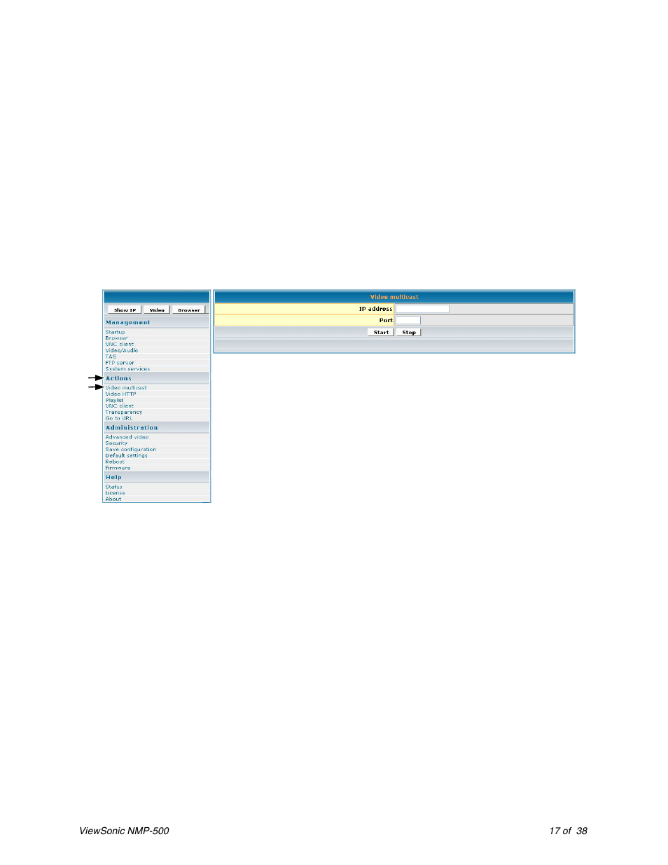 Actions, Video multicast, Ideo | Ulticast | VIEWSONIC Network Media Player NMP-500 User Manual | Page 21 / 43