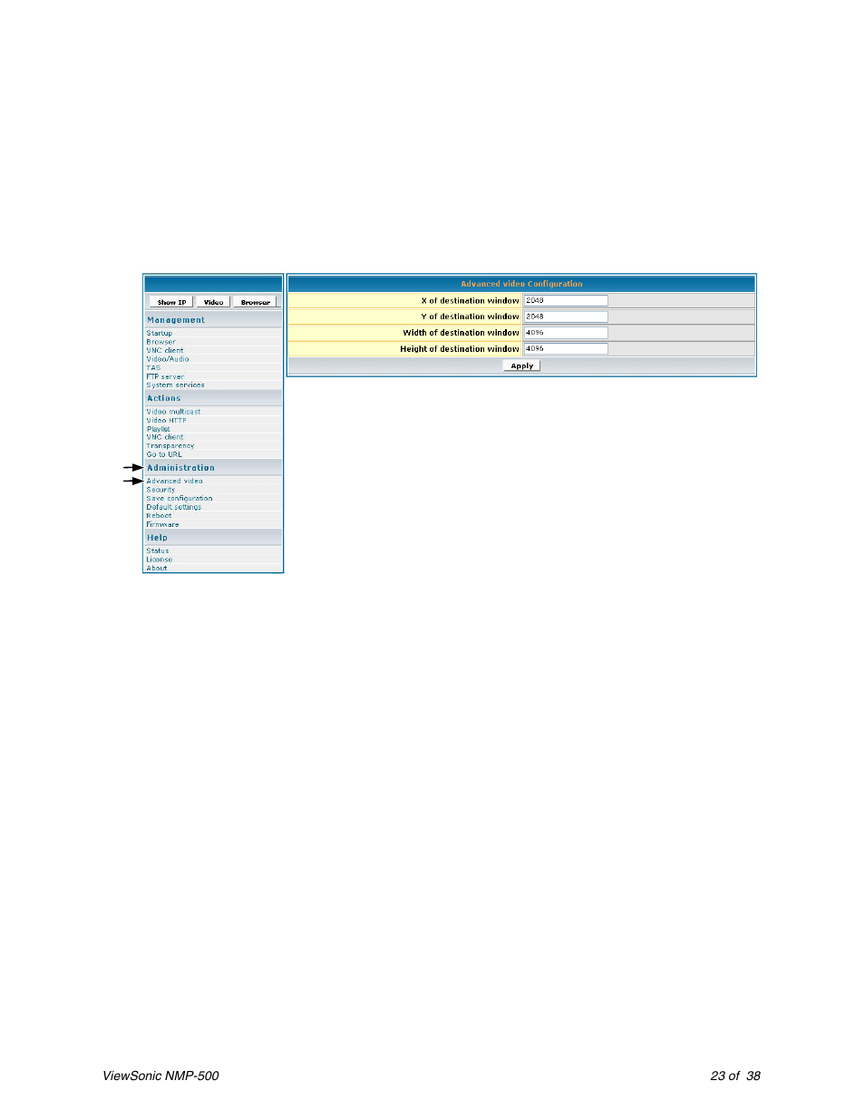 Administration, Advanced video configuration, Dvanced | Ideo, Onfiguration | VIEWSONIC Network Media Player NMP-500 User Manual | Page 27 / 43